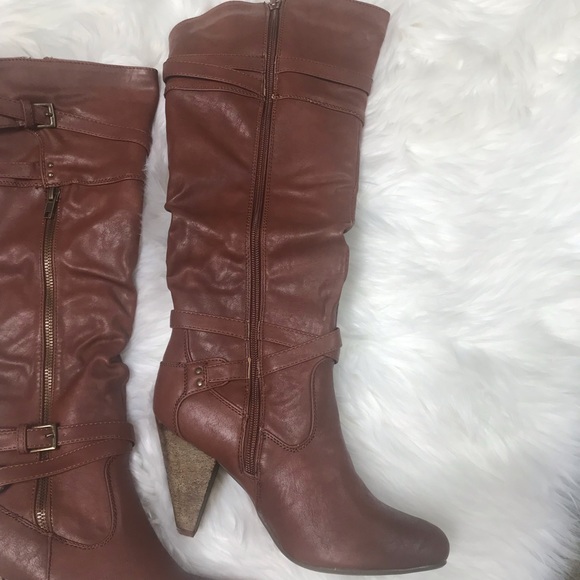 Cognac belt wrapped zipper accent heel boot - Picture 3 of 6